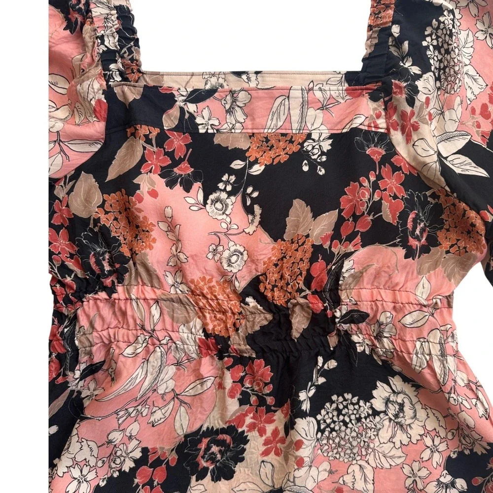 Spartina 449 Floral Cupro Peplum Blouse Wmns Large Black Pink Excellent Long Slv